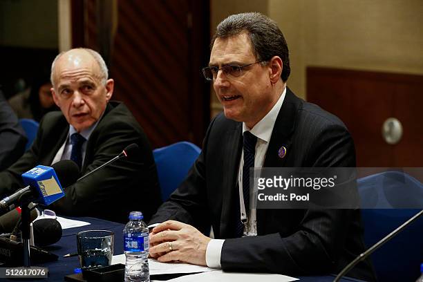 Swiss Federal Councillor Ueli Maurer and Swiss National Bank President Thomas Jordan hold a press conference after sessions of the G20 Finance...