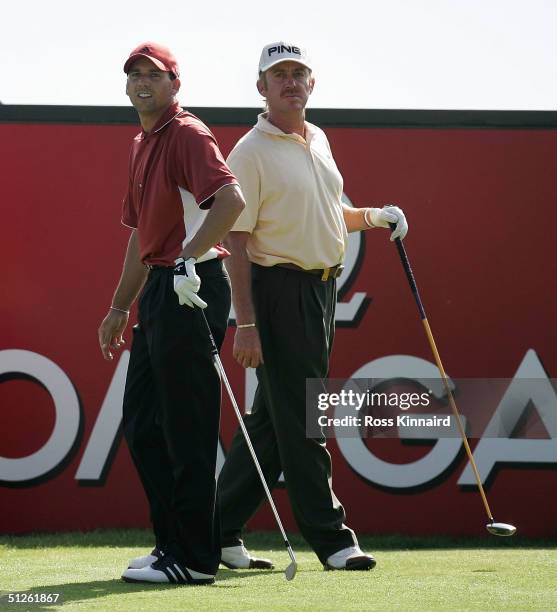 Sergio Garcia and Miguel Angel Jimenez of Spain on the tee of the par four 18th hole during the third round of the Omega European Masters at...