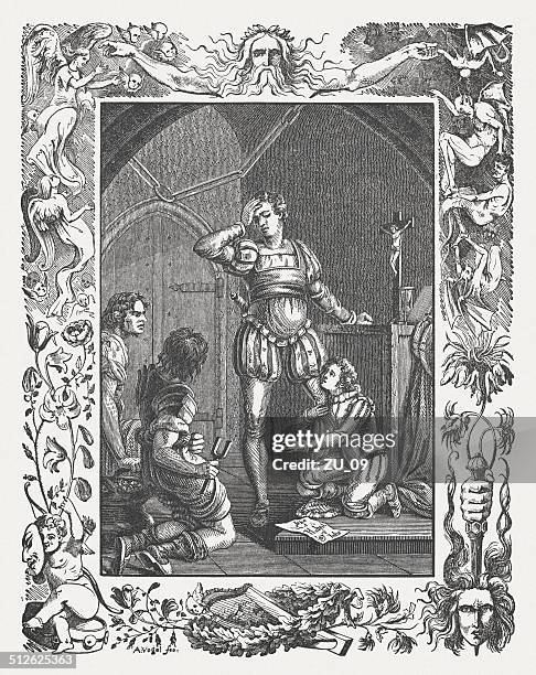 stockillustraties, clipart, cartoons en iconen met king john by william shakespeare, wood engraving, published 1838 - koning arthur