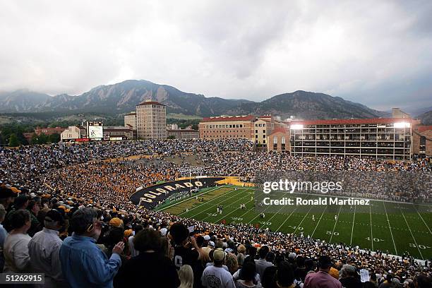 The opening kickoff between the Colorado State University Rams and the University of Colorado Buffaloes on September 4, 2004 at Folsom Field in...