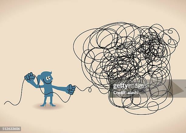 stockillustraties, clipart, cartoons en iconen met businesswoman untangle a tangled messy knot (string, line) - untangle