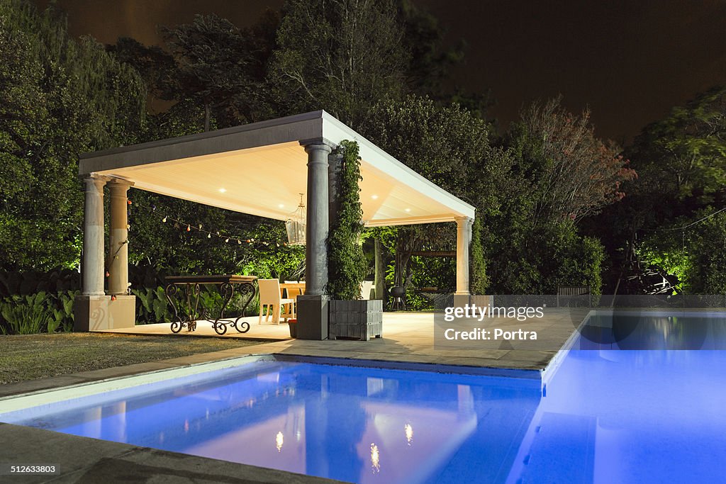 Illuminated gazebo at poolside