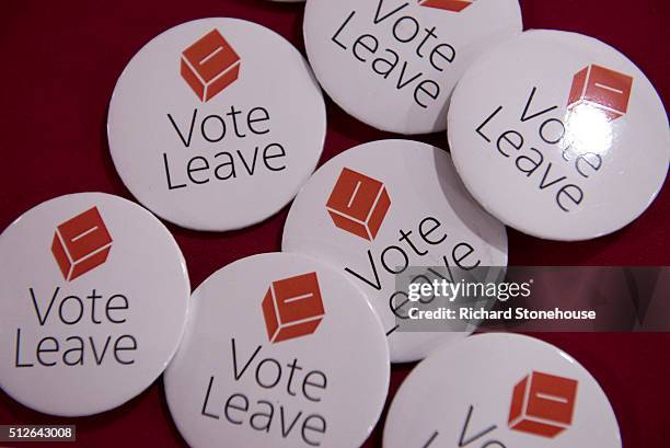 Vote Leave Badges at the UKIP Spring Conference on February 27, 2016 in Llandudno, Wales. UKIP's annual national Spring Conference is being held for...