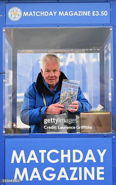 Programme vendor outside the stadium prior to the Barclays Premier League match between Leicester City and Norwich City at The King Power Stadium on...