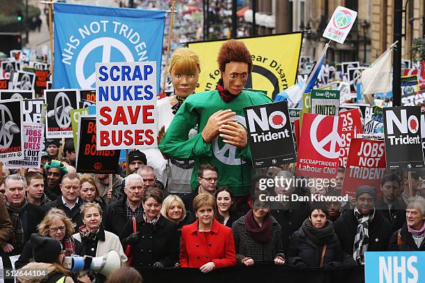 Scottish First Minister Nicola Sturgeon joins demonstrators on a 'Stop Trident' march though central London on February 27, 2016 in London, England....