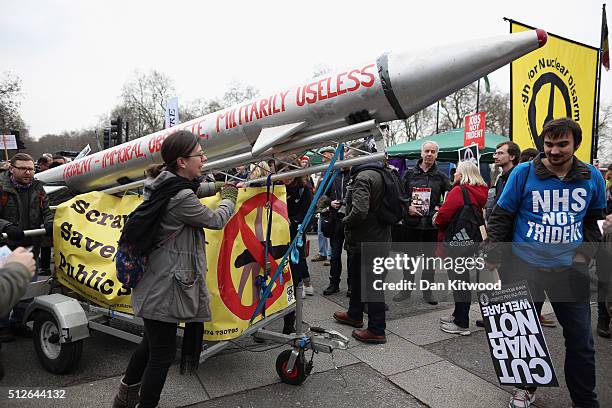 Demonstrators prepare to march during a 'Stop Trident' march though central London on February 27, 2016 in London, England. The leaders of three...