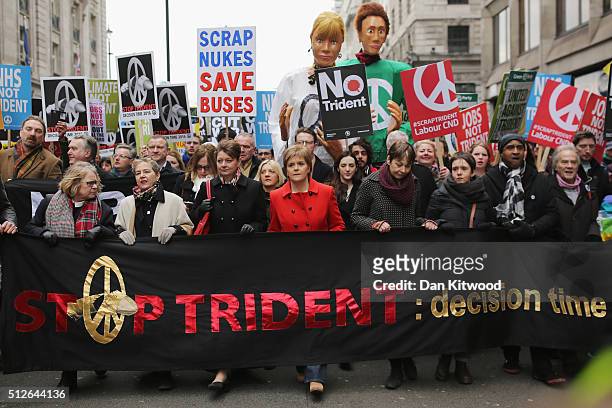 Scottish First Minister Nicola Sturgeon joins demonstrators on a 'Stop Trident' march though central London on February 27, 2016 in London, England....