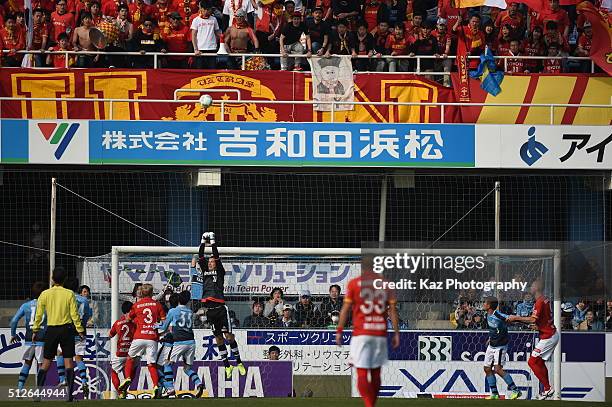 Kaminski of Jubilo Iwata escapes with panching the ball during the J.League match between Jubilo Iwata and Nagoya Grampus at the Yamaha Stadium on...