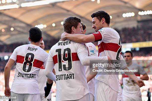 Timo Werner of VfB Stuttgart celebrates as he scores the opening goal during the Bundesliga match between VfB Stuttgart and Hannover 96 at...