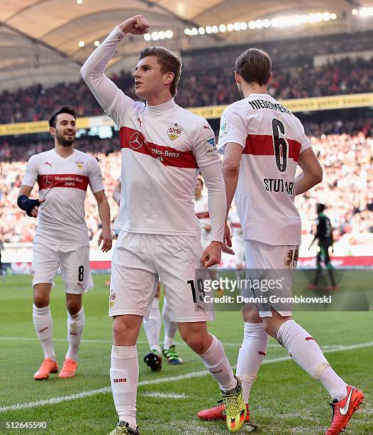 Timo Werner of VfB Stuttgart celebrates as he scores the opening goal during the Bundesliga match between VfB Stuttgart and Hannover 96 at...