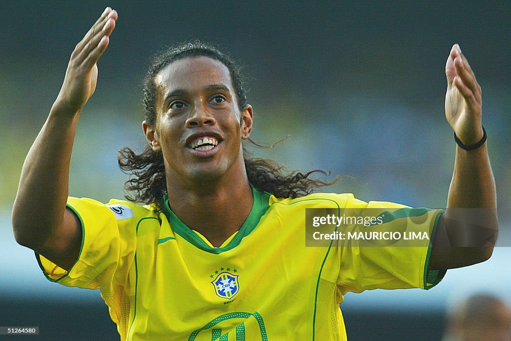 Brazilian Ronaldinho Gaucho celebrates his goal against Bolivia at