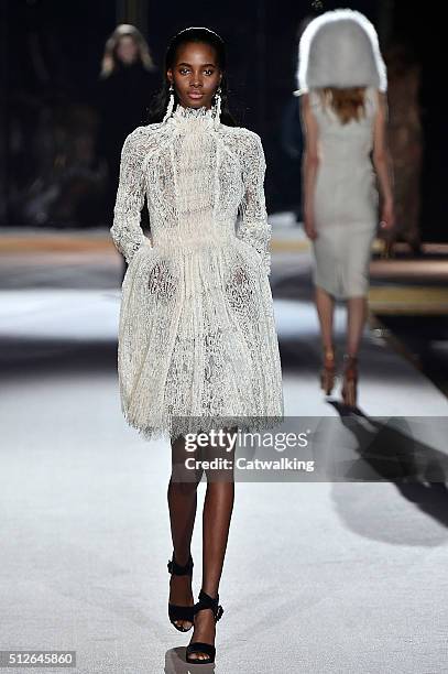 Model walks the runway at the Ermanno Scervino Autumn Winter 2016 fashion show during Milan Fashion Week on February 27, 2016 in Milan, Italy.