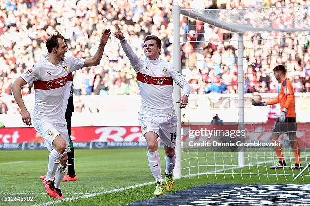 Timo Werner of VfB Stuttgart celebrates as he scores the opening goal during the Bundesliga match between VfB Stuttgart and Hannover 96 at...