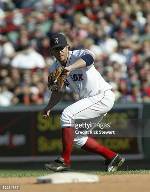 Mark Belhorn of the Boston Red Sox makes a play behind second base against the Texas Rangers on September 5, 2004 at Fenway Park in Boston,...