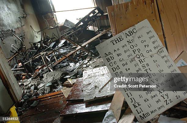 Extensive damage is seen in the ruins of the destroyed school, where more than 350 people were killed during a hostage situation on September 5, 2004...