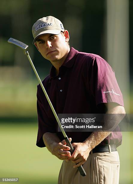Bill Haas watches his putt on the 7th green during the third round of the Deutsche Bank Championship at the TPC of Boston on September 5, 2004 in...
