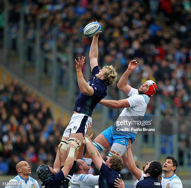 Richie Gray of Scotland wins the lineout during the RBS Six Nations match between Italy and Scotland at Stadio Olimpico on February 27, 2016 in Rome,...