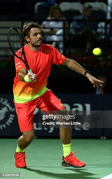 Stan Wawrinka of Switzerland in action against Marcos Baghdatis of Cyrus in the final of the ATP Dubai Duty Free Tennis Championship at the Dubai...