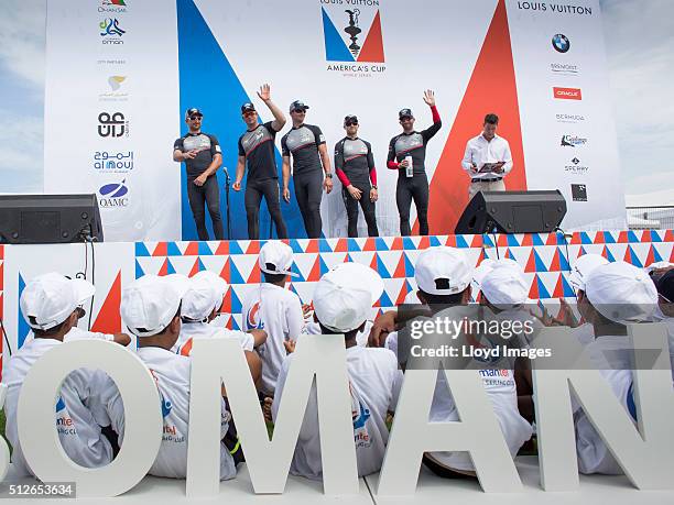 The Land Rover BAR British America's Cup team, onstage during the "dock out" show. Skippered by Ben Ainslie of Great Britainon February 27, 2016 in...