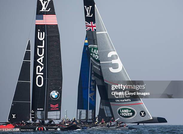 Land Rover BAR skippered by Ben Ainslie of Great Britain shown here in action on day 1 of racing close to the shore during The Louis Vuitton Americas...