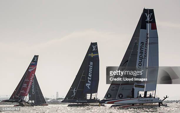 Groupama Team France skippered by Adam Minoprio of New Zealand racing during the first day of racing close to the shore on February 27, 2016 in...