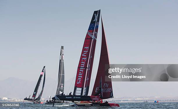 Emirates Team New Zealand skippered by Glenn Ashby of Australia and helmed by Peter Burling of New Zealand racing during the first day of racing...