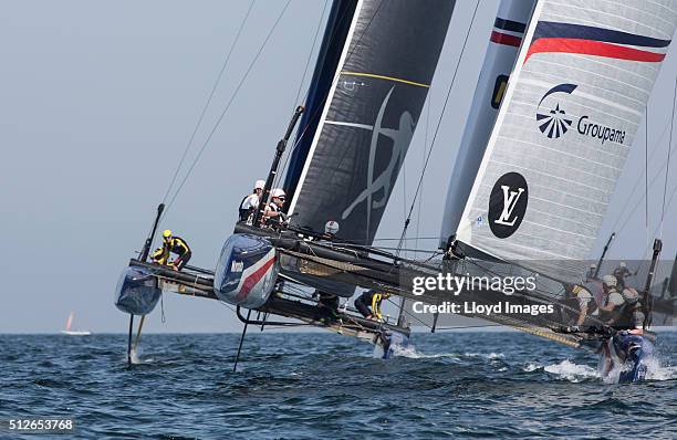 Groupama Team France skippered by Adam Minoprio of New Zealand racing during the first day of racing close to the shore on February 27, 2016 in...