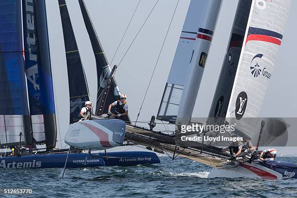 Groupama Team France skippered by Adam Minoprio of New Zealand racing during the first day of racing close to the shore on February 27, 2016 in...