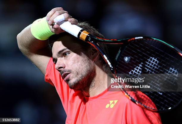 Stan Wawrinka of Switzerland in action against Marcos Baghdatis of Cyrus in the final of the ATP Dubai Duty Free Tennis Championship at the Dubai...
