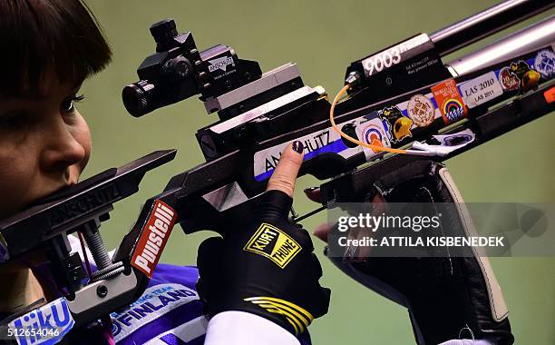 Hanna Pitkanen of Finland prepares her shoot during the practice session prior to the qualification round of the women's 10m air rifle at the...