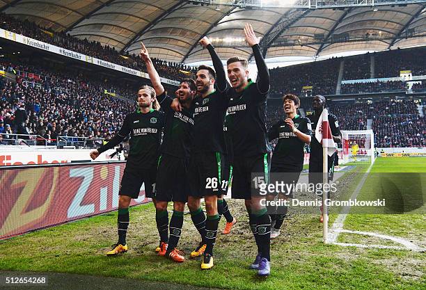 Christian Schulz of Hannover 96 celebrates as he scores their second goal during the Bundesliga match between VfB Stuttgart and Hannover 96 at...