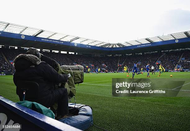 Television Cameraman works during the Barclays Premier League match between Leicester City and Norwich City at The King Power Stadium on February 27,...