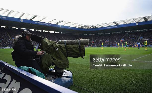 Television Cameraman works during the Barclays Premier League match between Leicester City and Norwich City at The King Power Stadium on February 27,...