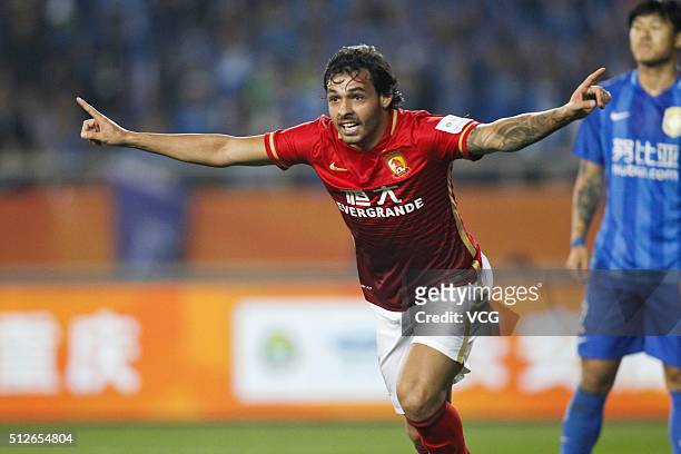 Ricardo Goulart of Guangzhou Evergrande celebrates a point during the 2016 CFA Super Cup between Guangzhou Evergrande FC and Jiangsu Suning FC at...