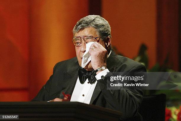 Jerry Lewis wipes away tears during a tribute to Mattie J. T. Stepanek, who died at 13 in June 2004 from Mitochondrial Myopathy, at the 39th Annual...