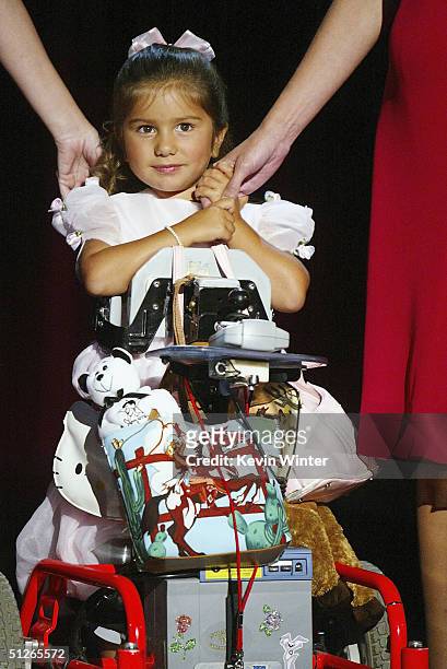 Morgan Fritz who suffers from type 2 spinal muscular atrophy, appears at the 39th Annual Jerry Lewis MDA Labor Day Telethon at CBS Television City on...