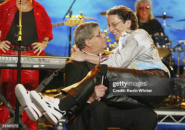 Jerry Lewis and his son, singer Gary Lewis, joke around at the 39th Annual Jerry Lewis MDA Labor Day Telethon at CBS Television City on September 5,...