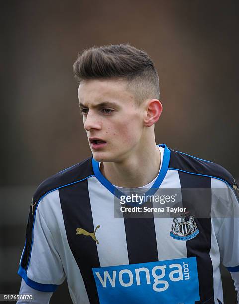 Kelland Watts of Newcastle during the U18 Premier League Match between Newcastle United and Derby County at Newcastle United's Academy on February 27...