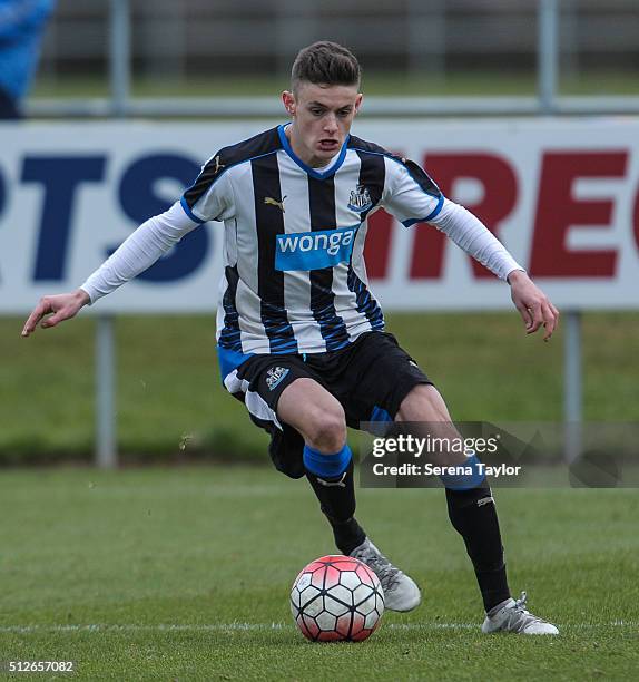 Kelland Watts of Newcastle controls the ball during the U18 Premier League Match between Newcastle United and Derby County at Newcastle United's...