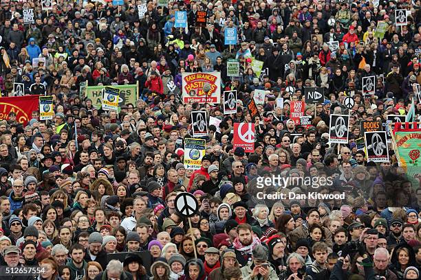 Demonstrators march during a 'Stop Trident' march in Trafalgar Square on February 27, 2016 in London, England. The leaders of three political parties...