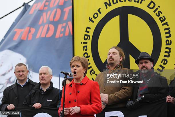 Scottish First Minister Nicola Sturgeon speaks to crowds in Trafalgar Square after a 'Stop Trident' march though central London on February 27, 2016...