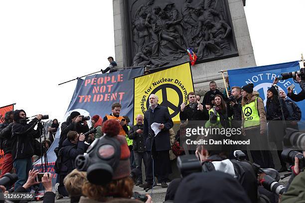Labour Leader Jeremy Corbyn speaks to the crowds from Trafalgar Square after a 'Stop Trident' march though central London on February 27, 2016 in...