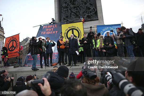 Labour Leader Jeremy Corbyn speaks to the crowds from Trafalgar Square after a 'Stop Trident' march though central London on February 27, 2016 in...