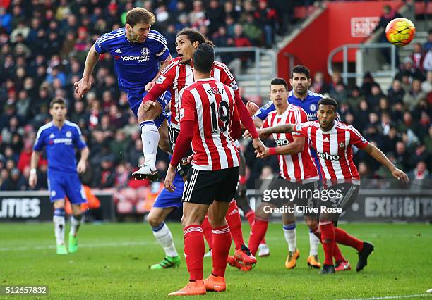 Branislav Ivanovic of Chelsea heads the ball to score his team's second goal during the Barclays Premier League match between Southampton and Chelsea...