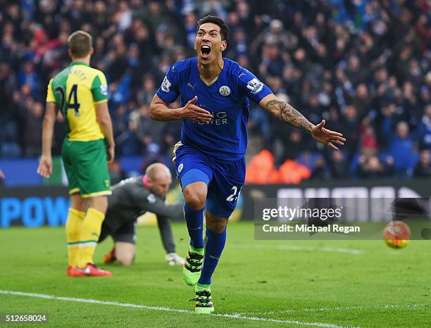 Leonardo Ulloa of Leicester City celebrates scoring his team's first goal during the Barclays Premier League match between Leicester City and Norwich...