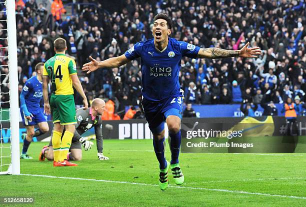 Leonardo Ulloa of Leicester City celebrates after scoring to make it 1-0 during the Barclays Premier League match between Leicester City and Norwich...