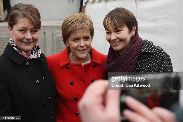 Leanne Wood, the Plaid Cymru leader, Scottish First Minister Nicola Sturgeon, and Green Party member of parliament Caroline Lucas pose for a...