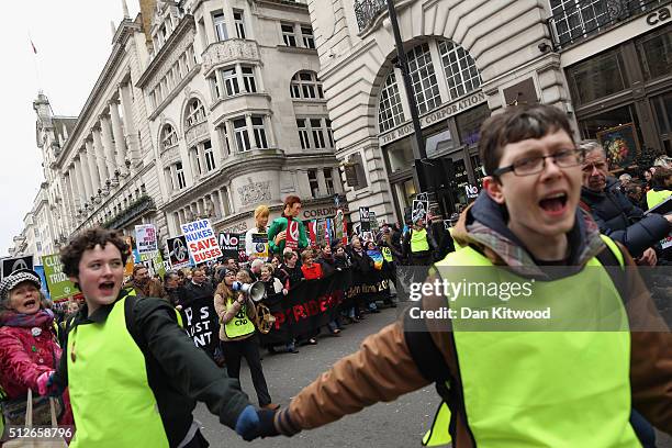 Scottish First Minister Nicola Sturgeon joins demonstrators on a 'Stop Trident' march though central London on February 27, 2016 in London, England....