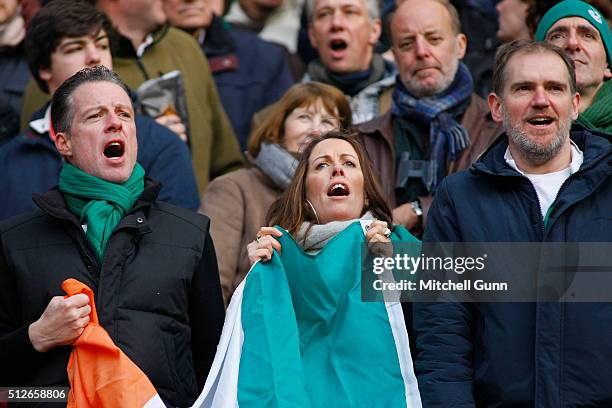 Irish fans sing their anthem before the Six Nations match between England and Ireland, at Twickenham Stadium on February 27, 2016 in London, England.