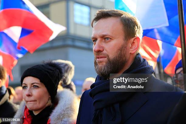 Russian opposition leader and anti-corruption blogger Alexei Navalny attends a march on the anniversary of the murder of Russian opposition...